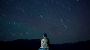 Preview wallpaper buddha, statue, buddhism, starry sky, night