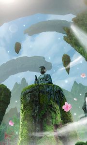 Preview wallpaper buddha, statue, god, rocks, waterfalls