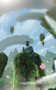 Preview wallpaper buddha, statue, god, rocks, waterfalls