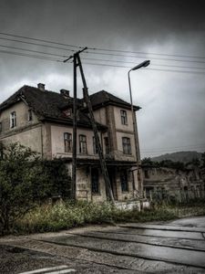 Preview wallpaper building, abandoned, grass, overcast, hdr