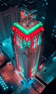 Preview wallpaper building, aerial view, city, backlighting, colorful