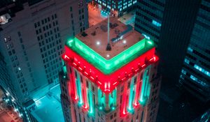 Preview wallpaper building, aerial view, city, backlighting, colorful