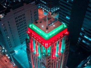 Preview wallpaper building, aerial view, city, backlighting, colorful