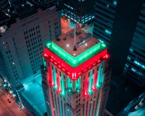 Preview wallpaper building, aerial view, city, backlighting, colorful