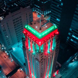 Preview wallpaper building, aerial view, city, backlighting, colorful