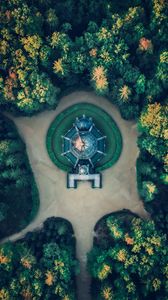 Preview wallpaper building, aerial view, path, trees
