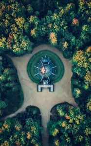 Preview wallpaper building, aerial view, path, trees