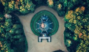 Preview wallpaper building, aerial view, path, trees