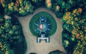 Preview wallpaper building, aerial view, path, trees