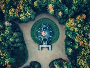 Preview wallpaper building, aerial view, path, trees