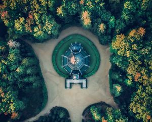 Preview wallpaper building, aerial view, path, trees