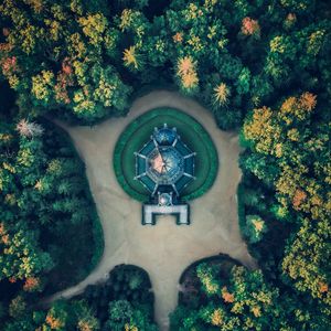Preview wallpaper building, aerial view, path, trees