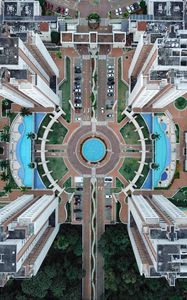 Preview wallpaper building, aerial view, pool, road