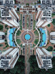 Preview wallpaper building, aerial view, pool, road