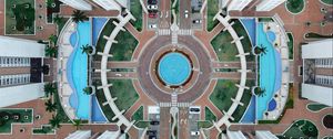 Preview wallpaper building, aerial view, pool, road