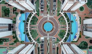 Preview wallpaper building, aerial view, pool, road