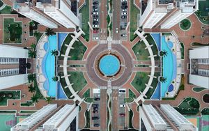 Preview wallpaper building, aerial view, pool, road