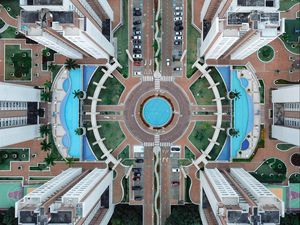 Preview wallpaper building, aerial view, pool, road