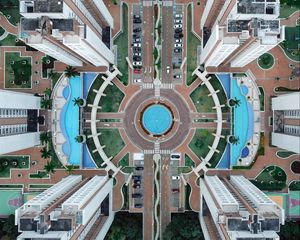 Preview wallpaper building, aerial view, pool, road