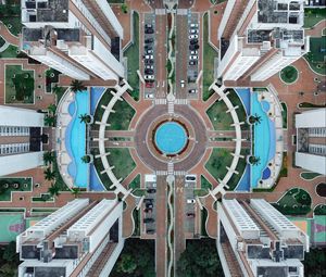 Preview wallpaper building, aerial view, pool, road