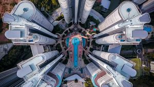 Preview wallpaper building, aerial view, swimming pool, city