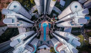 Preview wallpaper building, aerial view, swimming pool, city