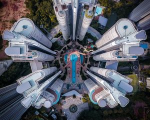 Preview wallpaper building, aerial view, swimming pool, city