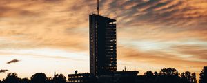 Preview wallpaper building, apartments, silhouette, sunset, river