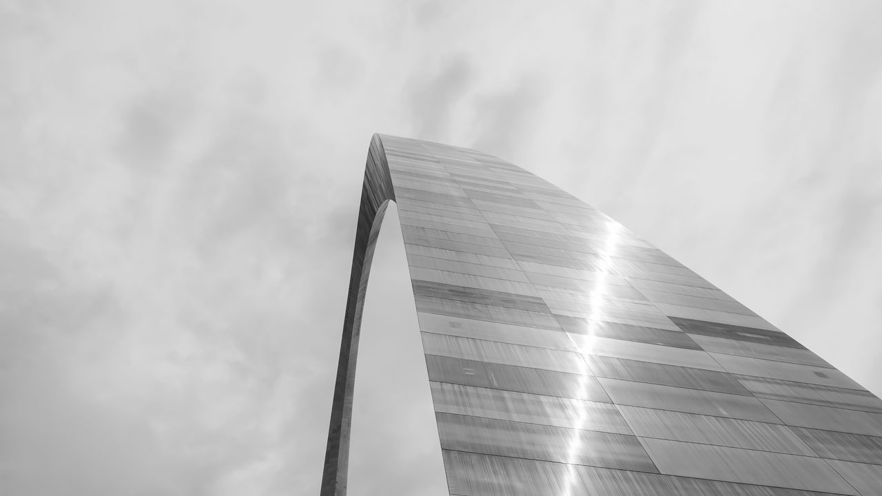 Wallpaper building, arch, metal, clouds, sky, bw
