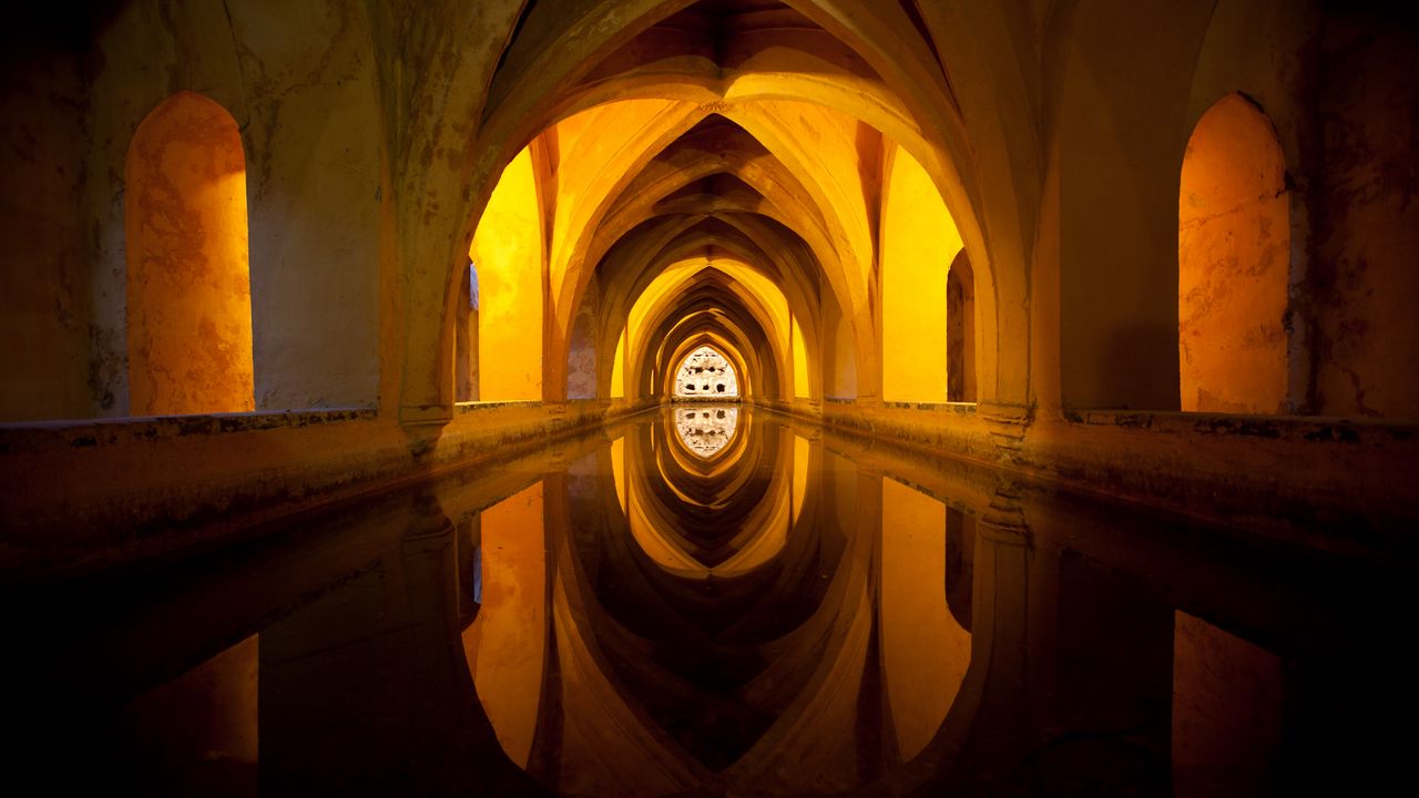 Wallpaper building, arches, water, reflection
