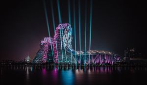 Preview wallpaper building, architecture, backlight, rays, night, dark