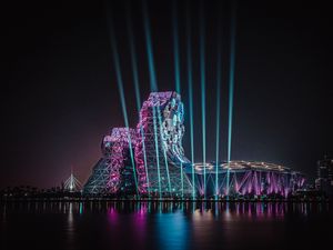 Preview wallpaper building, architecture, backlight, rays, night, dark