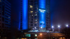 Preview wallpaper building, architecture, backlight, blue, night, dark