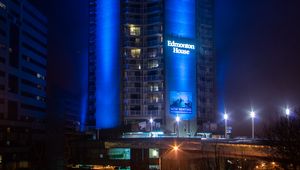 Preview wallpaper building, architecture, backlight, blue, night, dark