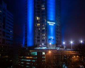 Preview wallpaper building, architecture, backlight, blue, night, dark