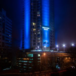 Preview wallpaper building, architecture, backlight, blue, night, dark