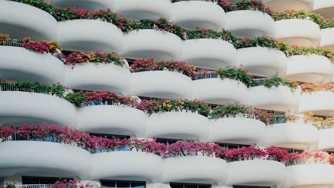 Wallpaper building, architecture, balconies, white, flowers