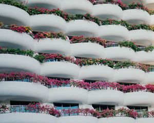 Preview wallpaper building, architecture, balconies, white, flowers