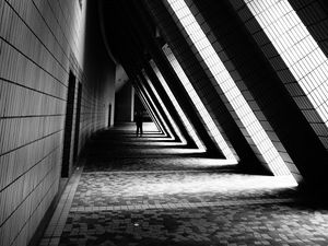 Preview wallpaper building, architecture, bw, corridor, dark