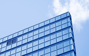 Preview wallpaper building, architecture, construction, bottom view, blue, minimalism