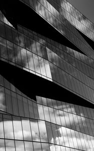 Preview wallpaper building, architecture, facade, windows, glass, clouds, bw