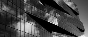 Preview wallpaper building, architecture, facade, windows, glass, clouds, bw