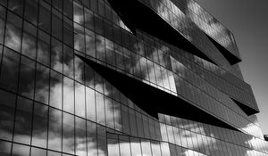 Preview wallpaper building, architecture, facade, windows, glass, clouds, bw