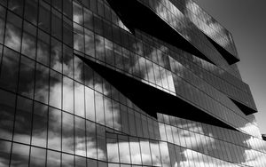 Preview wallpaper building, architecture, facade, windows, glass, clouds, bw
