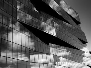 Preview wallpaper building, architecture, facade, windows, glass, clouds, bw