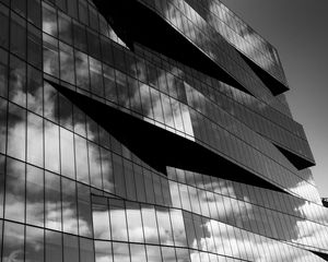 Preview wallpaper building, architecture, facade, windows, glass, clouds, bw