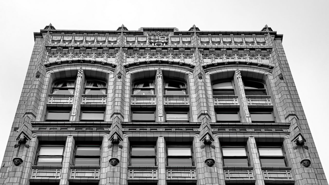 Wallpaper building, architecture, facade, windows, black and white