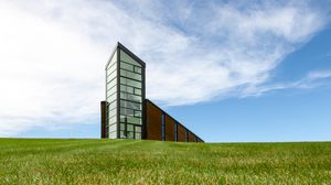 Preview wallpaper building, architecture, field, sky, clouds