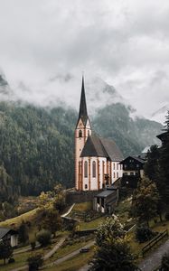 Preview wallpaper building, architecture, forest, trees, tower, fog