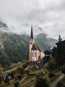 Preview wallpaper building, architecture, forest, trees, tower, fog